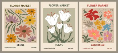 Set of abstract Flower Market posters. Trendy botanical wall arts with floral design in earth tone pastel colors. Modern naive groovy funky interior decorations, paintings. Vector art illustration. clipart
