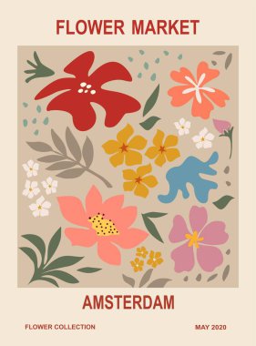 Soyut poster - Çiçek Pazarı Amsterdam. Dünya renginde çiçek desenli botanik duvar sanatı. Modern hippi naif moda moda moda iç dekorasyon, resim. Vektör sanatı illüstrasyonu.