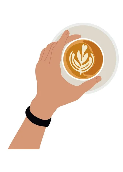 Ręczne Trzymanie Filiżanki Kawy Widok Góry Piwo Lub Nalewanie Espresso — Wektor stockowy