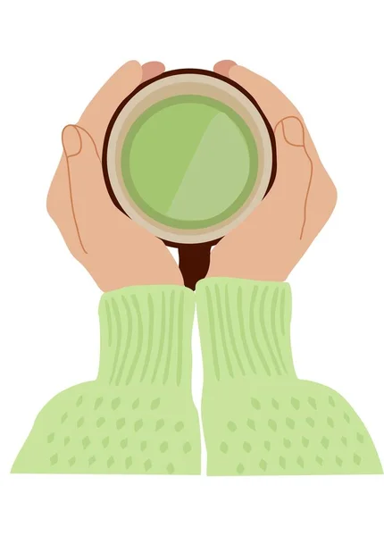Kobiece Ręce Trzymając Filiżankę Zieloną Herbatą Widok Góry Zdrowy Napój — Wektor stockowy