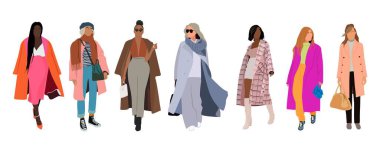 Moda elbiseli bir kadın seti vektör gerçekçi illüstrasyon. Klas renkli sokak stili koleksiyonu yalnız bir kadından daha fazla. Moda kızı modern palto, kış, bahar, sonbahar giysileri..