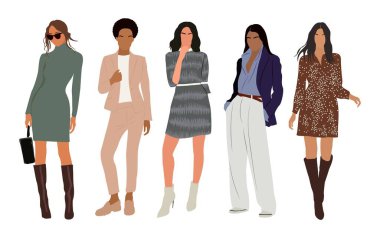 Modern kadın koleksiyonu. Değişik çok uluslu, gündelik kıyafetlerle çalışan iş kadınlarının gerçekçi temsili. Moda ofis görünüşü. Beyaz arka planda izole edilmiş çekici bir kadın..