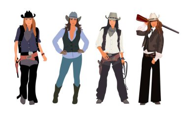 Set of Cowgirl in traditional western clothes with lasso and gun. Wild west concept. Attractive women in cowboy boots and hats. Vector realistic illustration isolated on white background. clipart