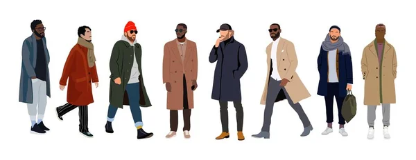 Уличная Мода Мужчин Векторная Иллюстрация Молодые Люди Модном Современном Осеннем — стоковый вектор