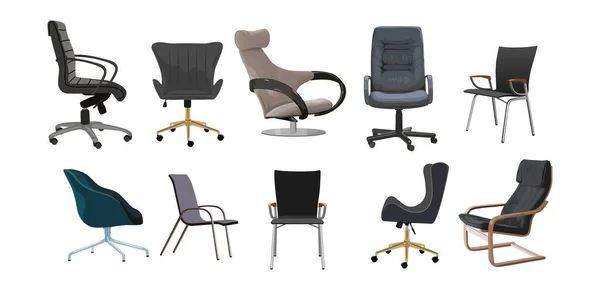 一套不同的办公椅矢量真实感图解 现代桌椅 软椅和扶手椅有各种形状和颜色 独立于白色背景的人体工学典雅家具 — 图库矢量图片