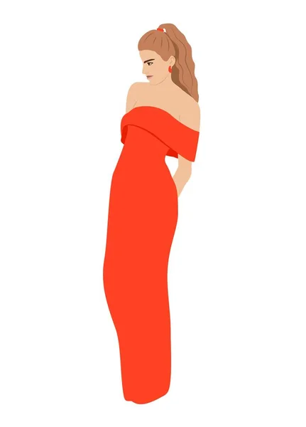 Όμορφο Κορίτσι Φορώντας Κόκκινο Φόρεμα Βράδυ Επίσημο Φόρεμα Για Γιορτή — Διανυσματικό Αρχείο