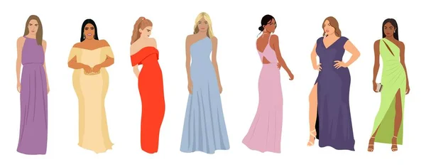 Set Different Beautiful Girls Wearing Evening Dress Formal Gown Celebration — Stock Vector