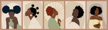 Modern Woman Wall Art collection, Abstract Female Prints, Boho Girl Wall Decor, Mid Century wallpaper design with stylish black women and tropical leaves. Vector illustrations in Earthy Tones.