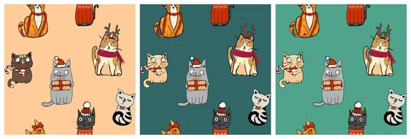 사탕수수 스웨터를 스러운 크리스마스 고양이의 무자비 패턴이다 귀여운 재밌는 Xmas — 스톡 벡터