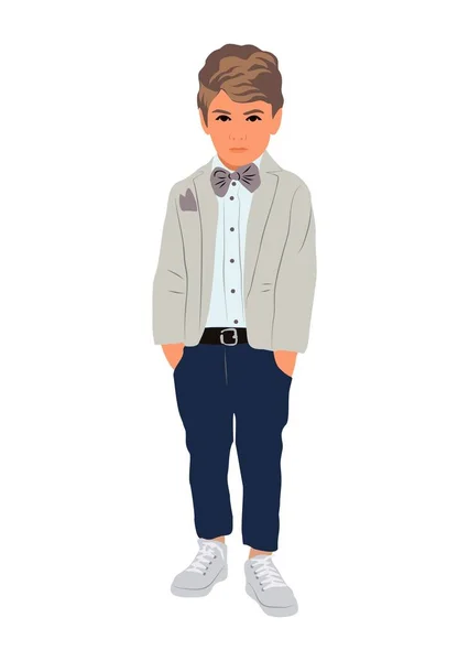Cute Little Boy Stylowe Ubrania Mody Garnitur Muszki Uczeń Szkoły — Wektor stockowy