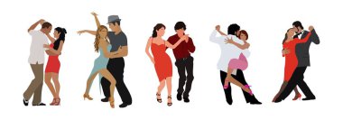 Dans Eden İnsanlar, Dansçılar Bachata, Salsa, Flamenko, Tango, Latin Dansı. Farklı dans pozlarında dans eden çiftler. Beyaz arkaplanda izole edilmiş çizgi film biçimi düz vektör gerçekçi çizimler.