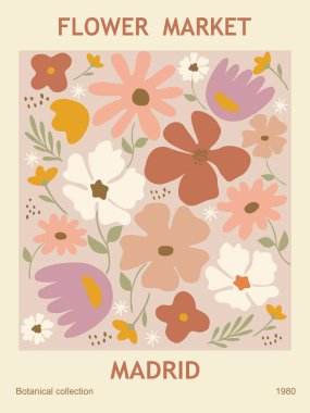 Abstract Poster - Flower market Madrid. Trendy botanical wall art with floral design in danish pastel colors. Modern naive groovy funky interior decoration, painting, print. Vector art illustration. clipart