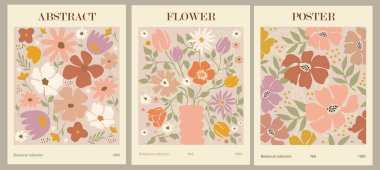 Set of abstract flower posters. Trendy botanical wall arts with floral design in danish pastel colors. Modern naive groovy funky interior decorations, paintings. Vector art illustration.