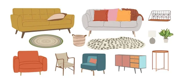 一套家具矢量平面插图 以白色背景为背景的现代室内元素的集合 陈腐的抽屉 家居用品 扶手椅 — 图库矢量图片