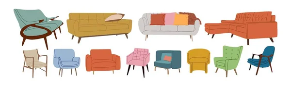 Set Von Trendigen Sofas Stühlen Sesseln Sofas Mit Kissen Retro — Stockvektor
