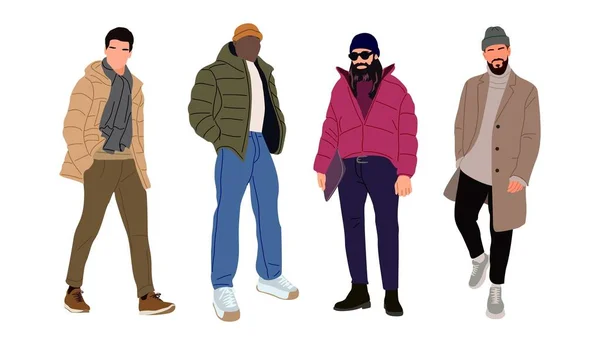 ストリートファッション男性ベクトルイラスト 流行の現代の秋や冬のストリートスタイルの服を着て若い男性 コート スカーフ 白地に隔離された漫画のベクトル現実的なイラスト — ストックベクタ