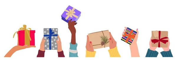 Διαφορετικά Γυναικεία Και Αρσενικά Χέρια Κρατώντας Κουτιά Δώρων Χριστουγεννιάτικο Δώρο — Διανυσματικό Αρχείο
