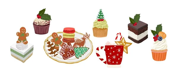 Рождественские Десерты Какао Зефиром Печенье Кусочек Торта Праздничный Горячий Напиток — стоковый вектор