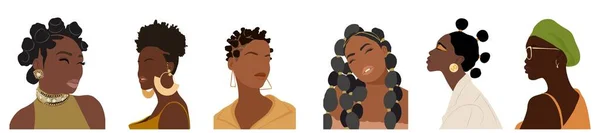 Conjunto Retratos Abstractos Mujeres Black Girl Enfrenta Con Corte Pelo — Vector de stock
