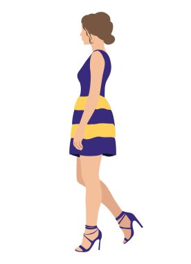 Moda elbisesi içinde şık bir kadın ya da kokteyl partisi, etkinlik. Şık kıyafetler ve ayakkabılar giyen güzel bir kız. Düz vektör gerçekçi illüstrasyon beyaz arkaplanda izole edildi. Yan görünüm.