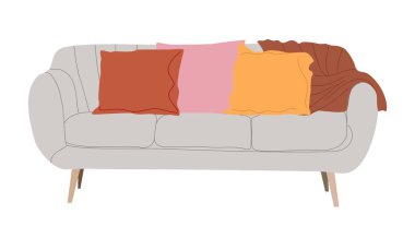 Renkli yastıklı şirin gri kanepe. Orta çağ modern kanepesi. Eski moda oturma odası mobilyaları. Düz vektör çizimi beyaz arkaplanda izole edildi.
