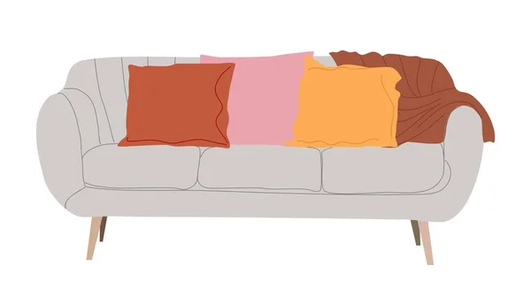 漂亮舒适的灰色沙发和彩色枕头 本世纪中叶的现代沙发 家庭式客厅家具 复古风格 白色背景上孤立的平面矢量图解 — 图库矢量图片