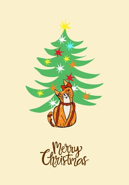 赤い休日のガーランドと弓を着てかわいい猫とグリーティングクリスマス面白いカード 手書きフォントやお祝いの木とメリークリスマスの碑文 手描き休日フラットベクトルイラスト — ストックベクタ