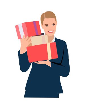 Genç ve güzel bir iş kadını hediye kutusunu tutuyor. Noel hediyeleriyle birlikte mutlu gülümseyen kız, Noel tatilleri için hediye paketleri. Beyaz üzerine izole edilmiş vektör illüstrasyonu.
