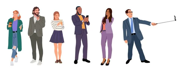 ビジネスの男性と女性のセットは スマートフォンやテキストメッセージを保持し 話をし 音楽に耳を傾け 自撮りを取ります 携帯電話を持つ男性と女性の漫画のキャラクターのグループ フラットベクトルイラスト — ストックベクタ