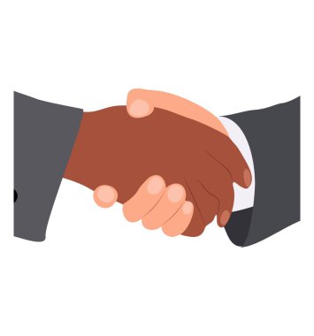 Çok ırklı iş ortakları işbirliği, ortaklık, selamlama, saygı ve güven için el sıkışıyor. Uluslararası anlaşma. Tokalaşma ikonu. Düz vektör çizimi beyaz arkaplanda izole edildi.