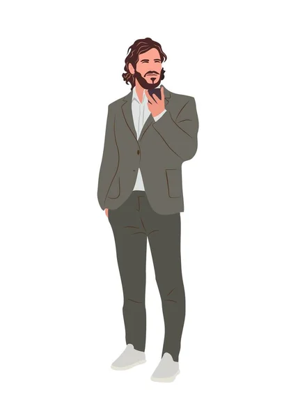 Sebevědomý Obchodník Mluví Smartphonových Vektorových Ilustracích Izolovaně Hezký Muž Obleku — Stockový vektor