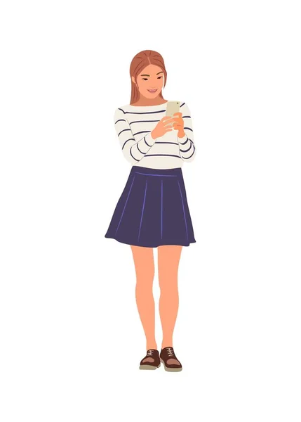 Szczęśliwa Dziewczyna Patrząc Ekranie Smartfona Wektor Realistyczna Ilustracja Izolowana Białym — Wektor stockowy