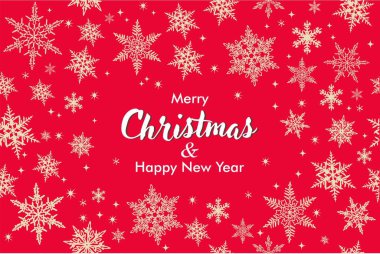 Mutlu Noeller ve mutlu yıllar tebrik kartı şablonu. Geleneksel bayram kutlamaları. Kış tatili özellikleri. Kırmızı arka planda kar taneleri ve yıldızlar. Xmas ögeleri kartpostal tasarımı.