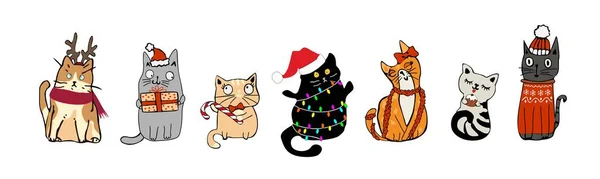 Gyűjteménye Imádnivaló Karácsonyi Macskák Ünnepi Elemek Mikulás Kalap Cukornád Csúnya — Stock Vector