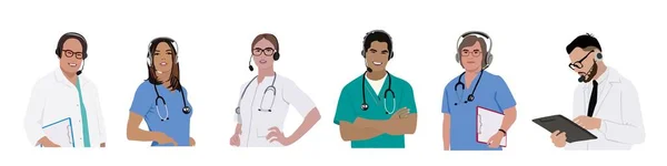 医院呼叫中心 医疗客户服务向量图以白色背景隔离 带着耳机微笑的医生远程医疗 在线医生的概念 身着制服的各类医务人员 — 图库矢量图片