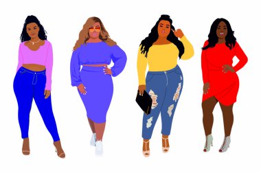 Set of happy black curvy women in stylish modern clothes. Diverse plus size female beauties wearing casual street fashion outfits. Flat vector realistic illustrations isolated on white background. clipart