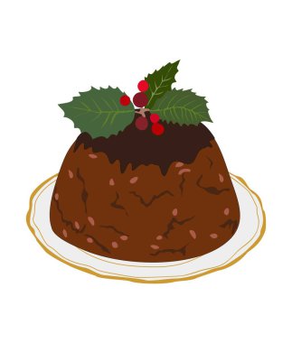 Christmas pudding. Traditional Holiday dessert. English chocolate cake with decoration. Xmas Festive sweet food with glaze, holly berries and leaves. Flat vector illustration on white background. clipart