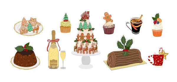 Рождественские Сладости Праздничные Блюда Зимнего Праздничного Обеда Десерты Пироги Пряники — стоковый вектор