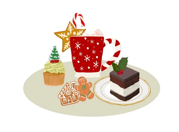 Weihnachtsdesserts Kakao Mit Marshmallow Plätzchen Kuchenstück Festliches Heißgetränk Der Tasse — Stockvektor