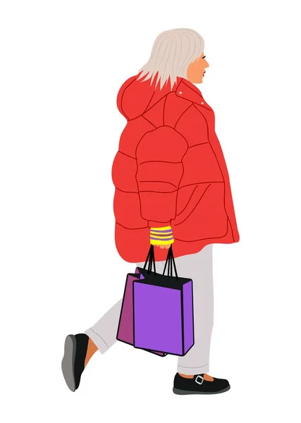 Stijlvolle Oudere Vrouw Met Boodschappentassen Moderne Dame Wandelen Straat Mode — Stockvector