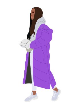 Stylish black woman wearing street fashion clothes - warm purple puffer jacket and sneakers. Pretty young girl walking. Flat vector realistic illustration isolated on white background. clipart