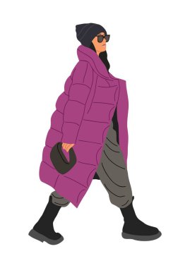 Stylish young woman in winter street fashion clothes - warm magenta puffer jacket, sunglasses, army boots. Pretty modern girl walking. Flat vector realistic illustration isolated on white background. clipart