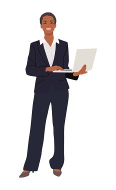 Resmi takım elbiseli güzel siyahi iş kadını dizüstü bilgisayarla ayakta duruyor. Ofis kıyafetli çekici bir kadın karakter bilgisayar üzerinde çalışıyor. Beyaz arkaplanda izole edilmiş vektör gerçekçi illüstrasyon