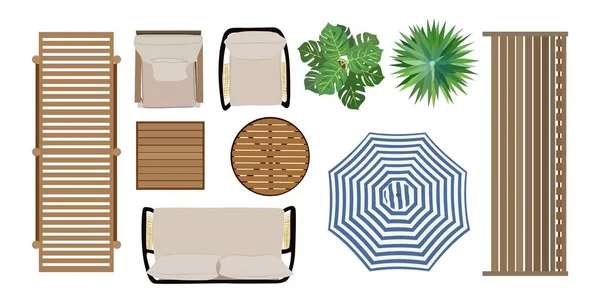 家具图标顶部视图 用于室内设计和景观设计计划 采购产品日光浴床 扶手椅 种植花园 在白色背景上孤立的矢量真实感说明 — 图库矢量图片