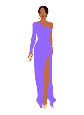 Noel, yeni yıl, akşam, kokteyl, etkinlik için moda elbisesi içinde şık güzel bir kadın. Modern kıyafetler içinde güzel bir kız, ayakkabılar. Düz vektör gerçekçi illüstrasyon beyaz arkaplanda izole edildi