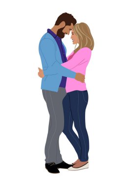 Aşk çifti. Mutlu genç adam ve kadın romantik bir ilişki içindeler, çıkıyorlar, sarılıyorlar, birlikte duruyorlar. Çizgi film biçimi Vektör gerçekçi illüstrasyonu beyaz arkaplanda izole edildi