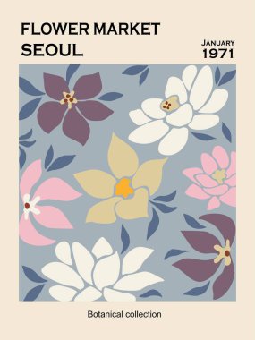 Flower Market Seoul abstract poster. Trendy botanical wall art, vintage floral design in danish pastel colors. Modern naive groovy hippie interior decoration, painting. Retro 70s Vector illustration. clipart