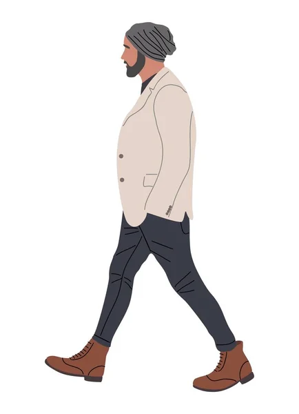 Stilvoller Mann Lässiger Warmer Kleidung Der Seitenansicht Geht Schöner Typ — Stockvektor