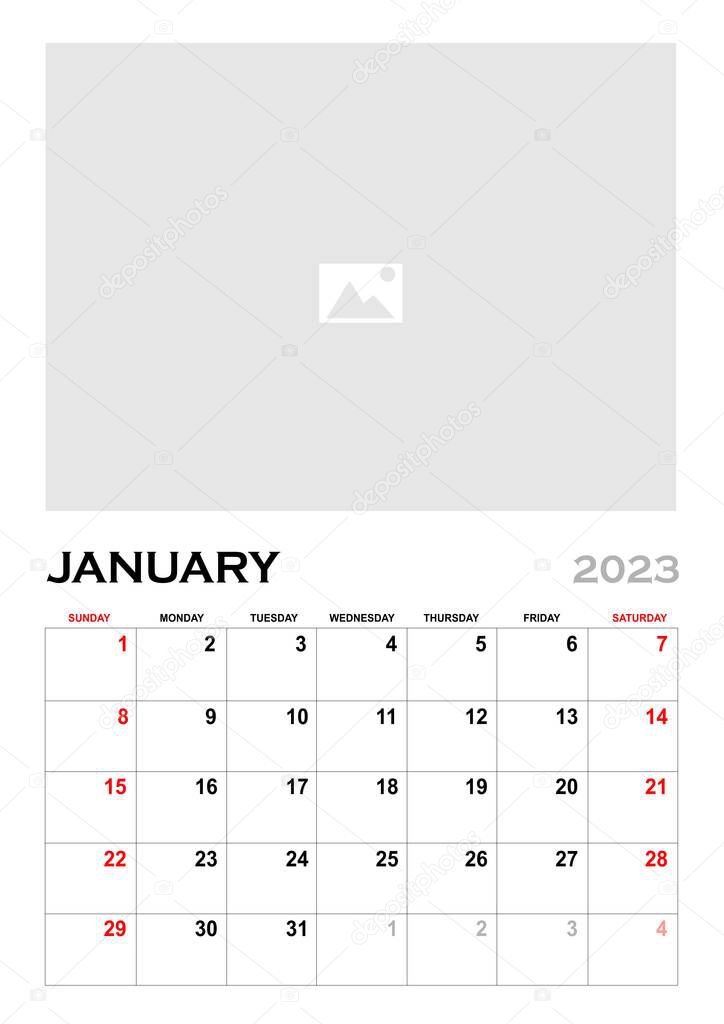 Photo calendar template for January 2023 . Vertical design. Page