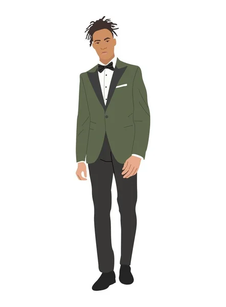 Elegant Black Businessman Character Evening Party Outfit Stylish African American — Vector de stock